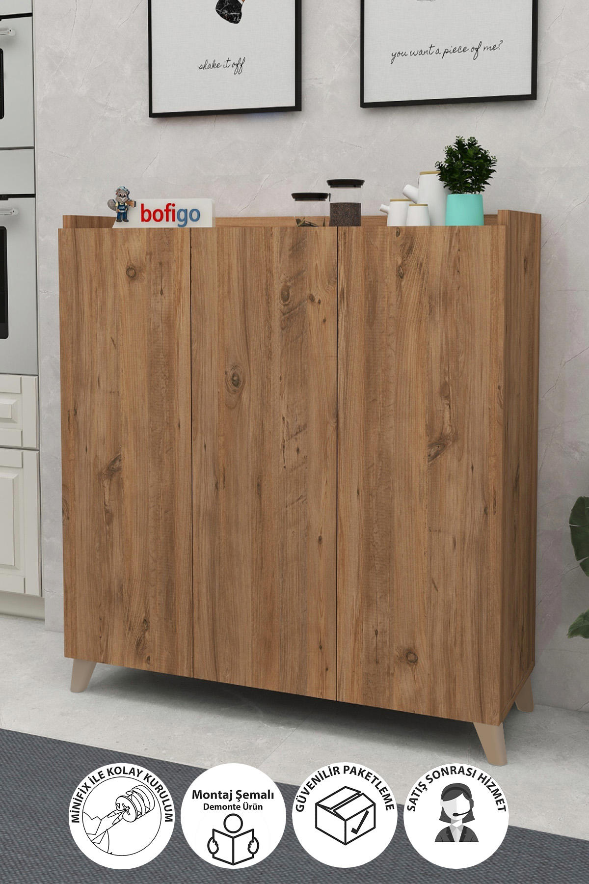 Bofigo 3 Kapaklı 4 Raflı Çok Amaçlı Dolap Çam 103x90x30 cm