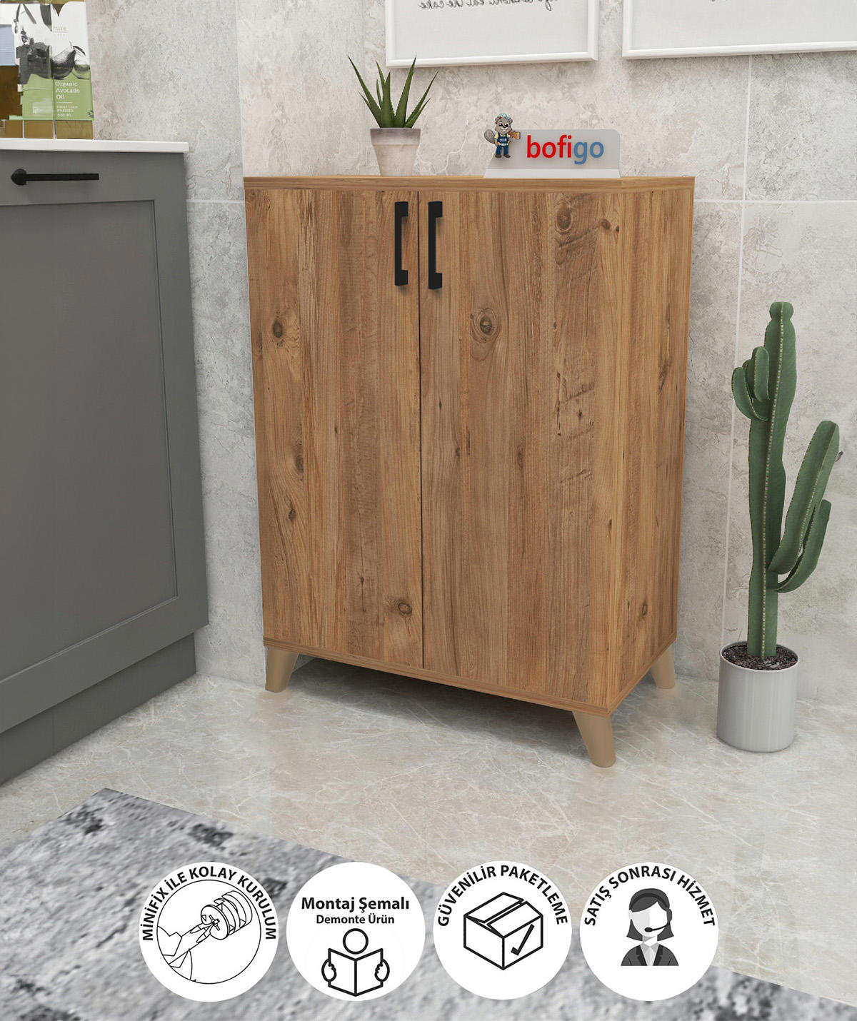 Bofigo Ceren 2 Kapaklı 4 Raflı Çok Amaçlı Dolap Çam 88x72x32 cm