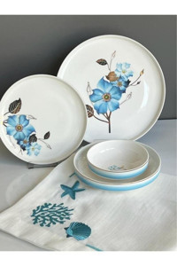 Sembol Blue Rose Mavi Gül Desen Bone Chine Porselen 24 Parça Yemek Takımı Vogue008