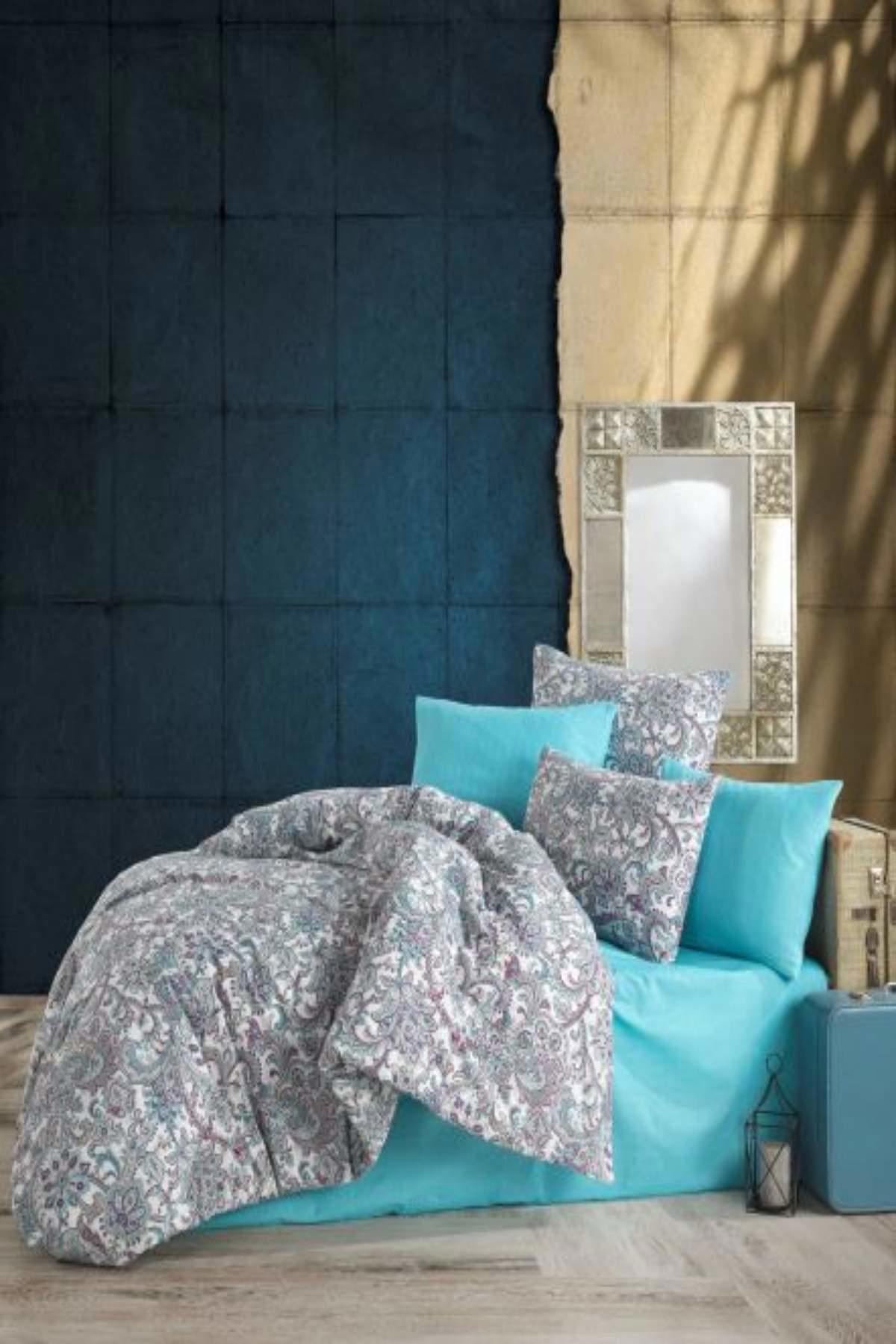 New Home Armada Pamuk 160x220 cm Çarşaflı Çiçekli Tek Kişilik Nevresim Takımı Turkuaz