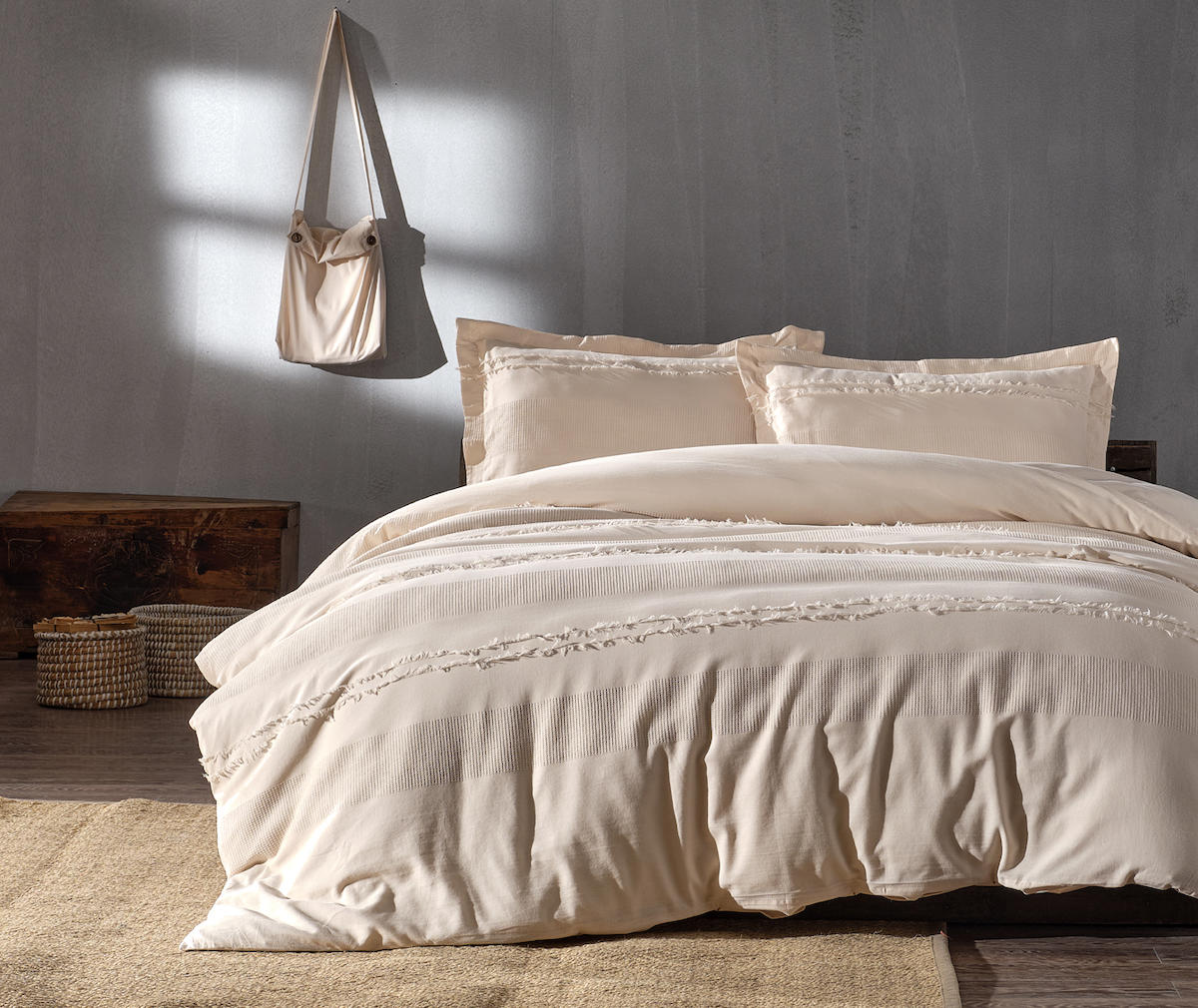 Doqu Home Carla Pamuk 160x220 cm Çarşaflı Düz-Büzgülü Tek Kişilik Nevresim Takımı Krem