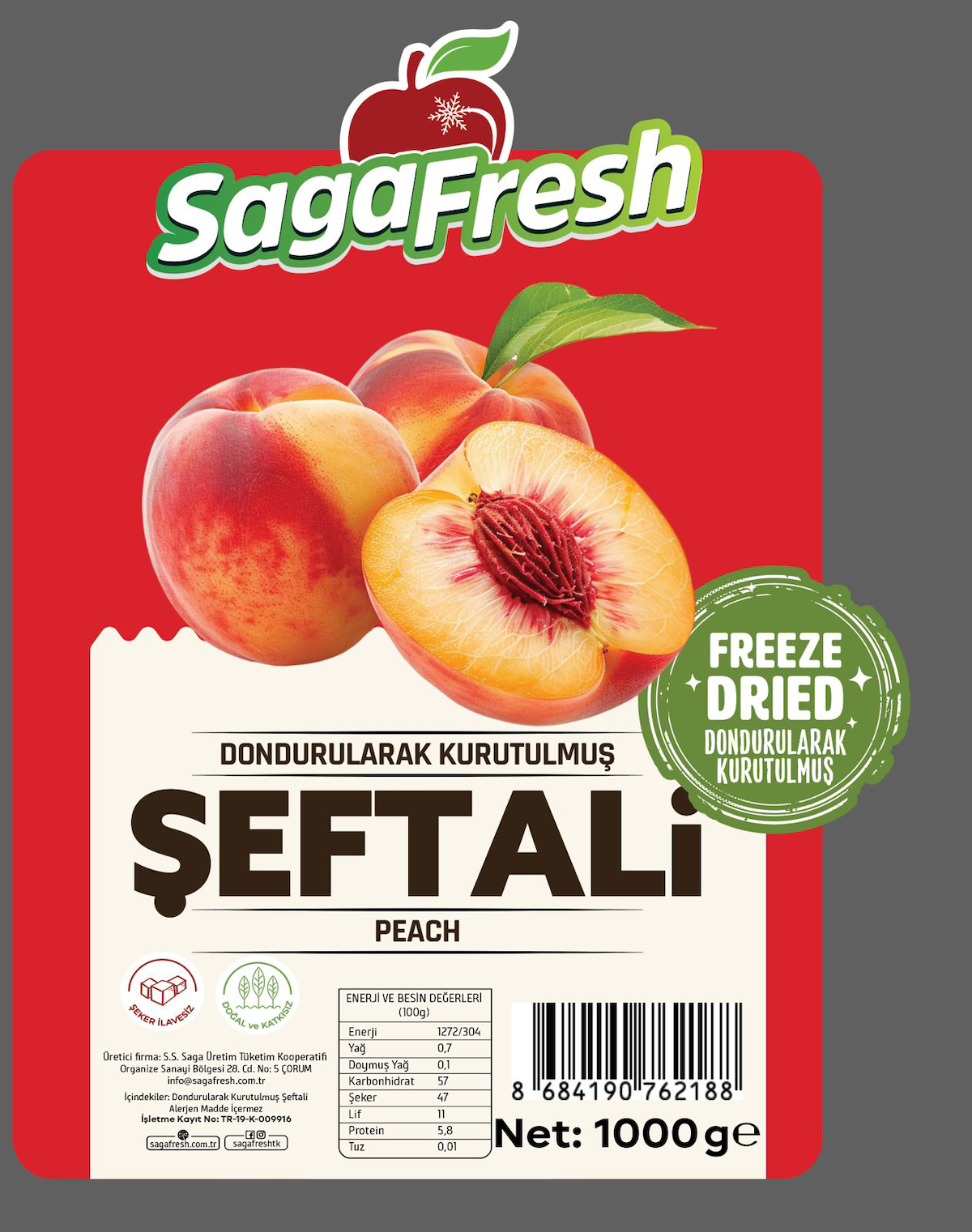 Sagafresh Organik Şekersiz Şeftali 1 kg