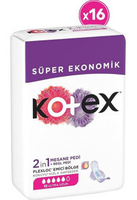 Kotex 2 in 1 Orta 12'li Hijyenik Ped 16 Adet