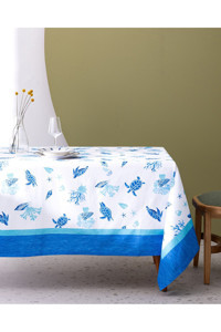Madame Coco Cornella Pamuk-Polyester 150x250 cm Dertsiz Dikdörtgen Masa Örtüsü Mavi - Beyaz