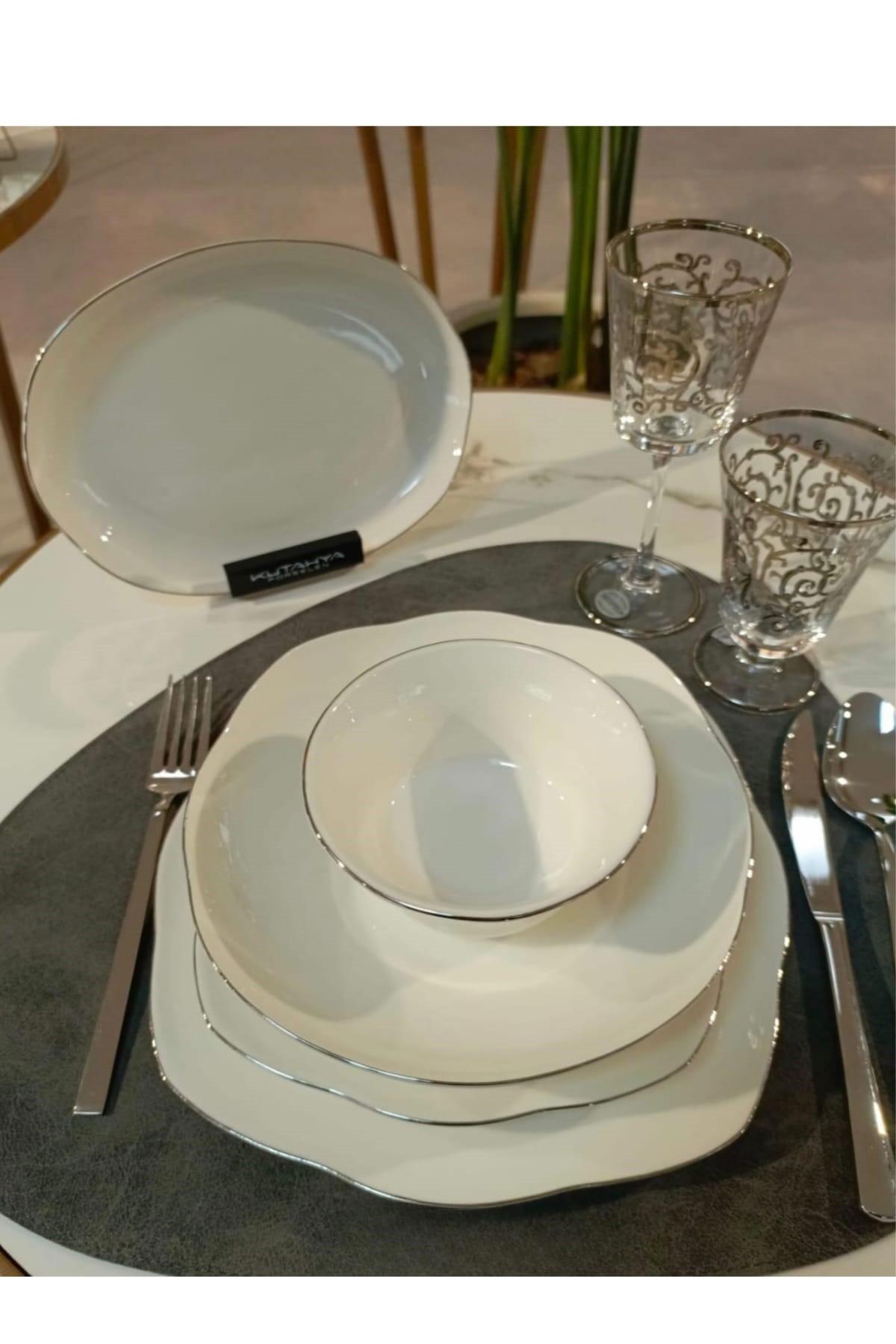 Kütahya Porselen Vilya Platin Fileli 51 Parça 12 Kişilik Porselen Yuvarlak Yemek Takımı