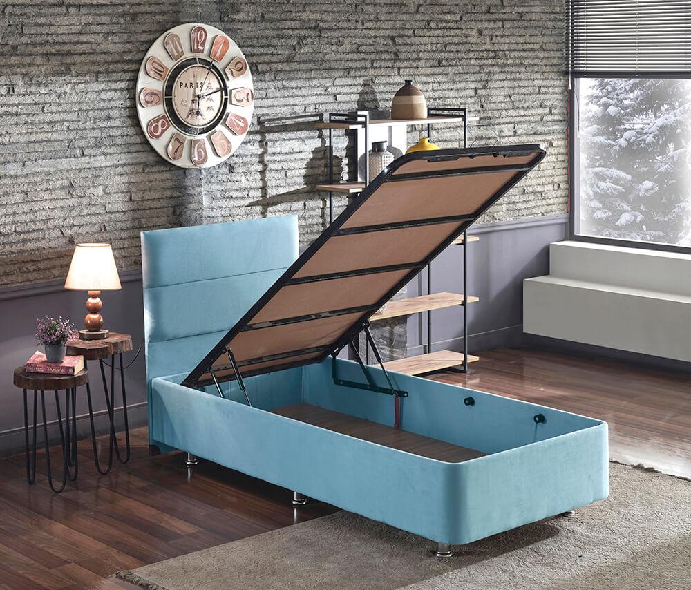Niron Cozy 90x190 cm Başlıklı Sandıklı Tek Kişilik Baza Seti Mavi
