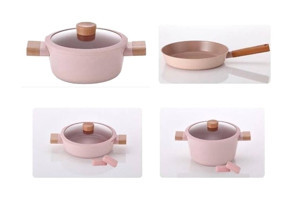 Neoflam Fika Blossom 7 Parça Cam Ahşap Alüminyum Döküm Tencere Seti ve Tava Seti