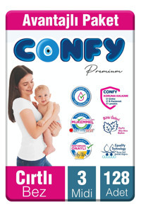 Confy Premium Midi 3 Numara Cırtlı Bebek Bezi 128 Adet