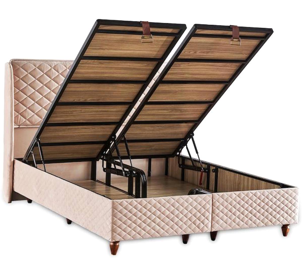 Niron Yatak Baklava Desenli 100x200 cm Başlıklı Sandıklı Tek Kişilik Baza Krem