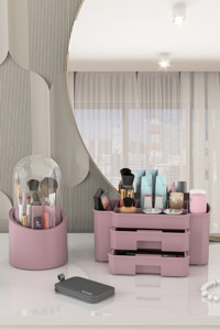 Dovi Home Mega 2 Katlı Kapaklı 2 Çekmeceli Makyaj Organizeri Gül Kurusu