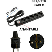 Avarson 3500 W Kalın Topraklı Anahtarlı 5'li 13 m Uzatma Kablosu Siyah