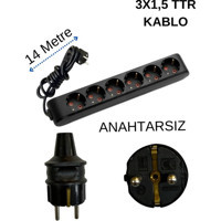 Avarson 3500 W Kalın Topraklı 6'lı 14 m Uzatma Kablosu Siyah