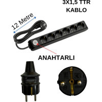 Avarson 3500 W Kalın Topraklı Anahtarlı 6'lı 12 m Uzatma Kablosu Siyah