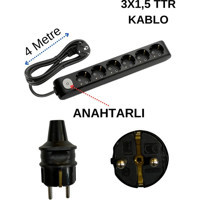 Avarson 3500 W Kalın Topraklı Anahtarlı 6'lı 4 m Uzatma Kablosu Siyah