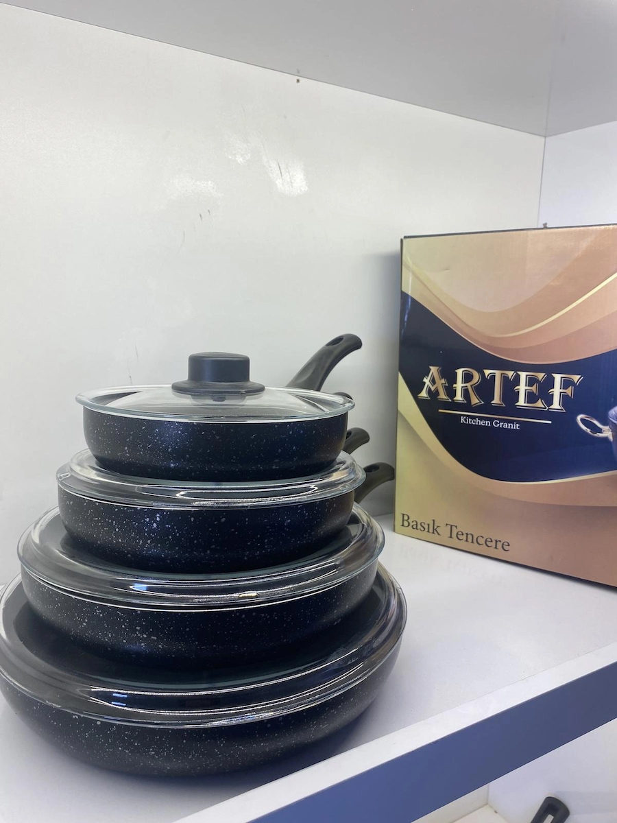 Artef 8 Parça Cam Kapaklı Bakalit Saplı Granit Tava Seti