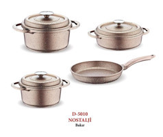 Fms D-5010 Nostalji 7 Parça Döküm Kapaklı Döküm Saplı Döküm-Granit Tencere ve Tava Seti