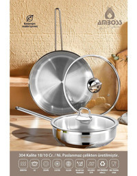 Amboss Saphire 4 Parça Cam Kapaklı Çelik Saplı Paslanmaz Çelik Tava Seti