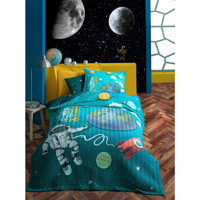 Cotton Box Junior Pamuk 200x200 cm Astronaut Tek Kişilik Nevresim Takımı Turkuaz