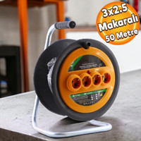 Badem10 Ttr Kablo 3500 W Kalın Topraklı 4'lü 50 m Makaralı Uzatma Kablosu Siyah-Turuncu