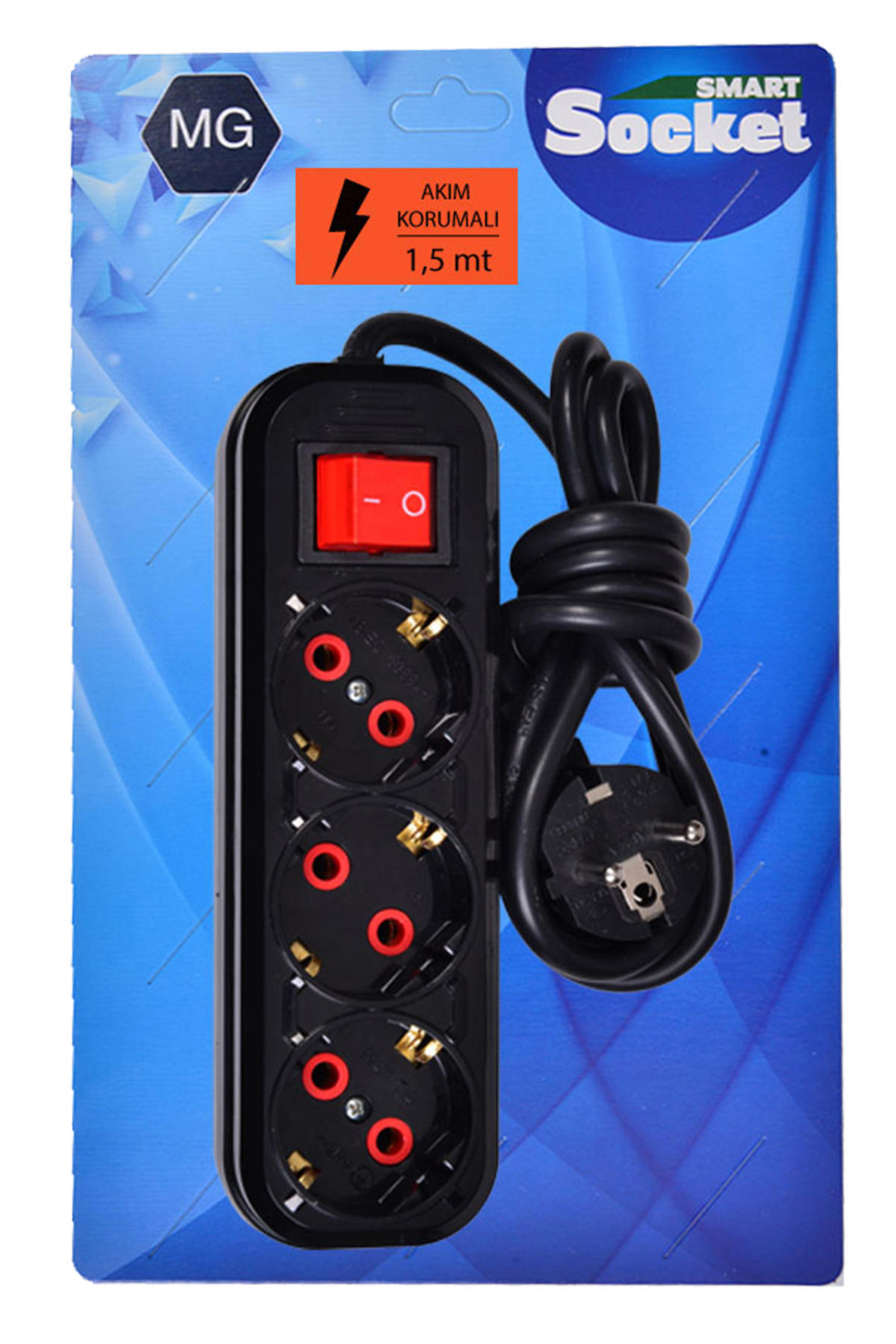 Smart Socket Anahtarlı Akım Korumalı 3'lü 1.5 m Uzatma Kablosu Siyah