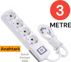Tek-İş Topraklı Anahtarlı 4'lü 3 m Grup Priz Beyaz