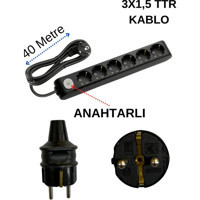 Avarson 3500 W Kalın Topraklı Anahtarlı 6'lı 40 m Uzatma Kablosu Siyah