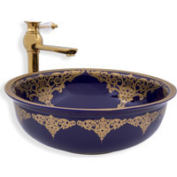 Lena E-7020 Dekoratif Tekli 70 cm Porselen Tezgah Üstü Oval Lavabo Mavi
