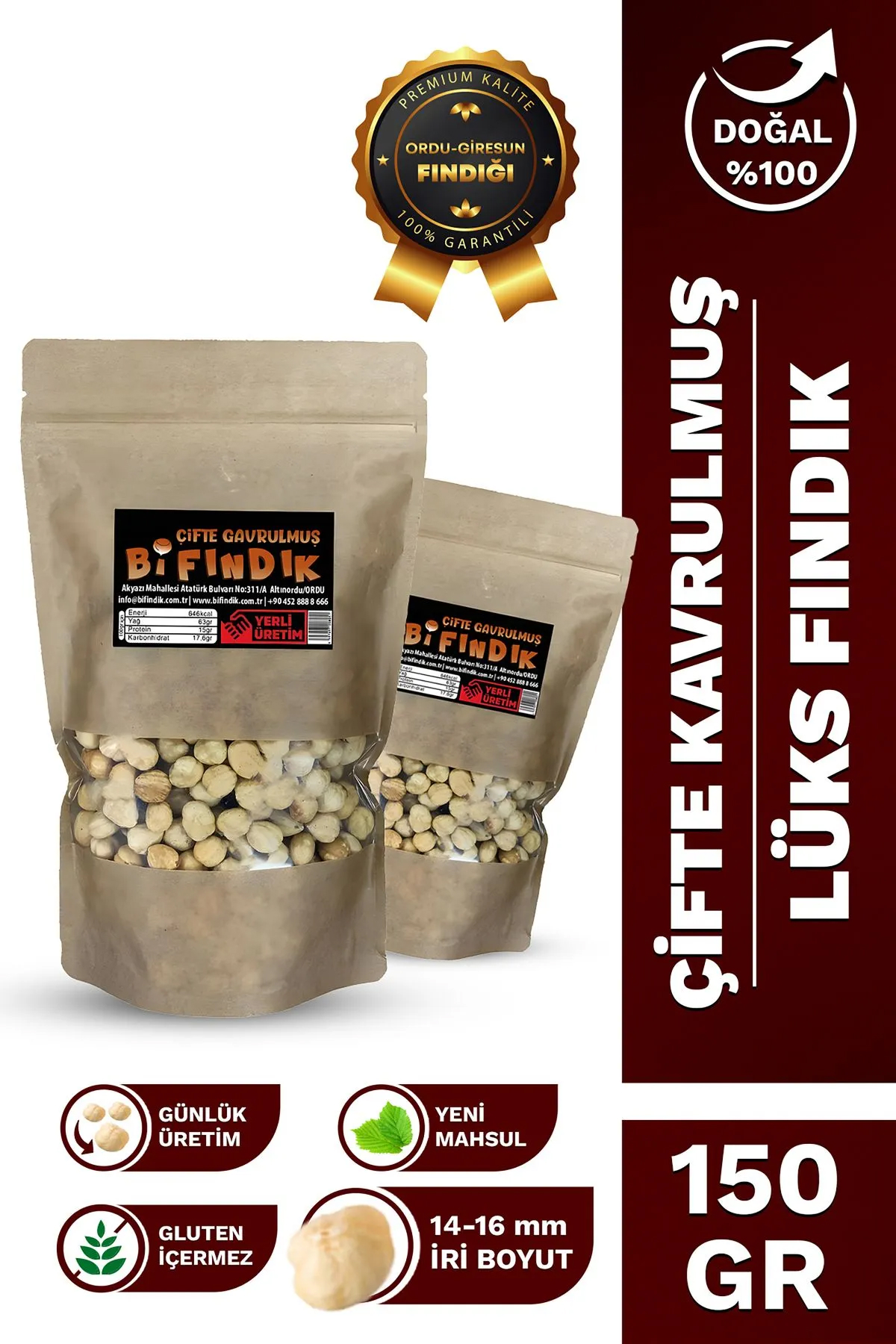 Bi Fındık Çifte Kavrulmuş Tuzsuz Organik Glutensiz Tane Giresun İçi Fındık 150 gr