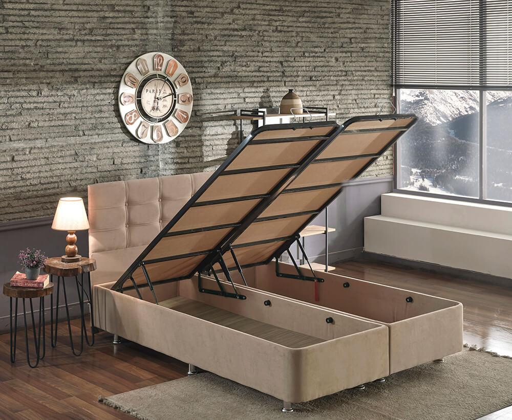 Niron Yatak Ela 200x200 cm Ayrılabilen Başlıklı Çift Kişilik Sandıklı Baza Sütlü Kahve