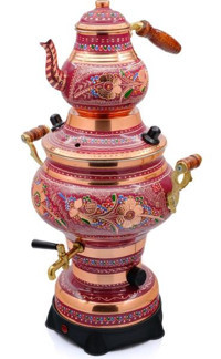 Eriza İşlemeli 1000 W 4 lt Bakır Tek Demlikli Tek Musluklu Bakır Elektrikli Semaver Lila