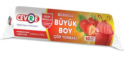 Çevre Çilek Kokulu Büzgülü Büyük Boy 65x70 cm Çöp Poşeti 10 Adet Pembe