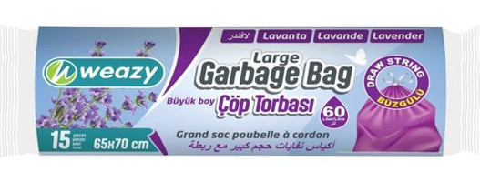 Weazy Lavanta Kokulu Büzgülü Büyük Boy 65x70 cm Çöp Poşeti 15 Adet Mor