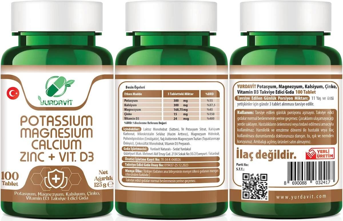 Yurdavit Potassium Magnesium Calcium Zinc Vitamin D3 Vitamin 4x100 Tablet