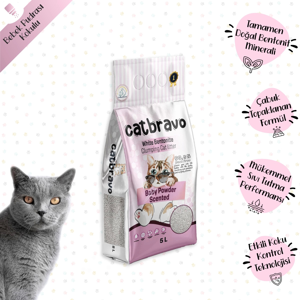 Catbravo Bebek Pudrası Kokulu Topaklanan İnce Taneli Aktif Karbonlu Bentonit Kedi Kumu 5 lt