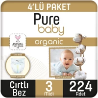 Pure Baby Pamuklu 3 Numara Organik Cırtlı Bebek Bezi 224 Adet