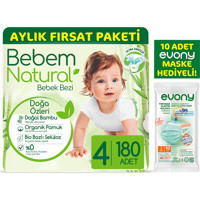 Bebem Natural Doğa Özleri 4 Numara Organik Cırtlı Bebek Bezi 180 Adet + Evony Maske 10'lu Hediyeli
