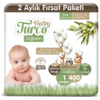 Baby Turco Doğadan Yenidoğan 1 Numara Göbek Oyuntulu Bantlı Bebek Bezi 400 Adet