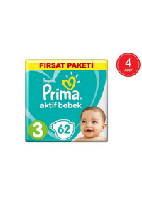Prima Aktif Bebek Midi 3 Numara Cırtlı Bebek Bezi 4x62 Adet