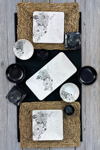 Karemika Lotus Desenli 13 Parça 2 Kişilik Stoneware Kahvaltı Takımı Beyaz-Siyah