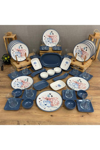 Demet Çeyiz Blue Flowers Kare Desenli 53 Parça 12 Kişilik Stoneware Kahvaltı Takımı Mavi