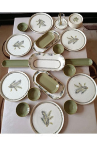Onedekor Modern Green Flower Desenli 37 Parça 6 Kişilik Seramik Kahvaltı Takımı Beyaz-Yeşil