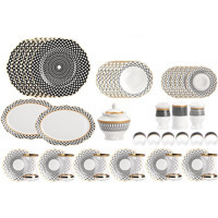 Lotus Siyah Çizgi Desen Desenli 44 Parça 6 Kişilik Porselen Kahvaltı Takımı Beyaz