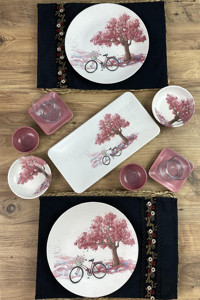 Bicycle Kahvaltı Çiçek Yuvarlak Desenli 11 Parça 2 Kişilik Stoneware Kahvaltı Takımı Beyaz-Pembe