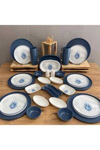 Demet Çeyiz Blue Magic Yuvarlak Desenli 34 Parça 6 Kişilik Porselen Kahvaltı Takımı Mavi