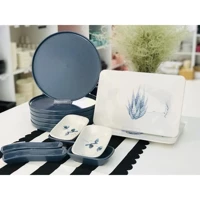 Keramika Blue Magic Kare-Yuvarlak Desenli 14 Parça 6 Kişilik Seramik Kahvaltı Takımı Beyaz-Mavi