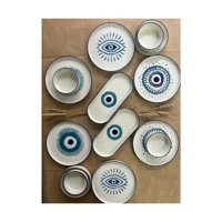 Kevin Seramik Evil Eyes Desenli 14 Parça 6 Kişilik Seramik Kahvaltı Takımı Beyaz
