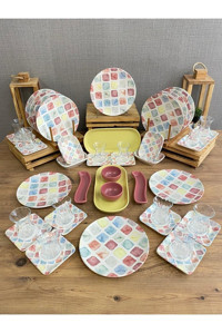 Demet Çeyiz Colors Yuvarlak Desenli 46 Parça 12 Kişilik Stoneware Kahvaltı Takımı Çok Renkli