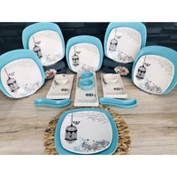 Keramika Retro Kare Desenli 21 Parça 6 Kişilik Seramik Kahvaltı Takımı Beyaz-Mavi