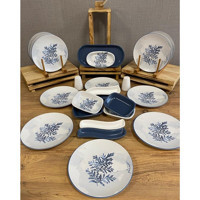 Demet Çeyiz Blue Magic Yuvarlak Desenli 24 Parça 12 Kişilik Stoneware Kahvaltı Takımı Beyaz