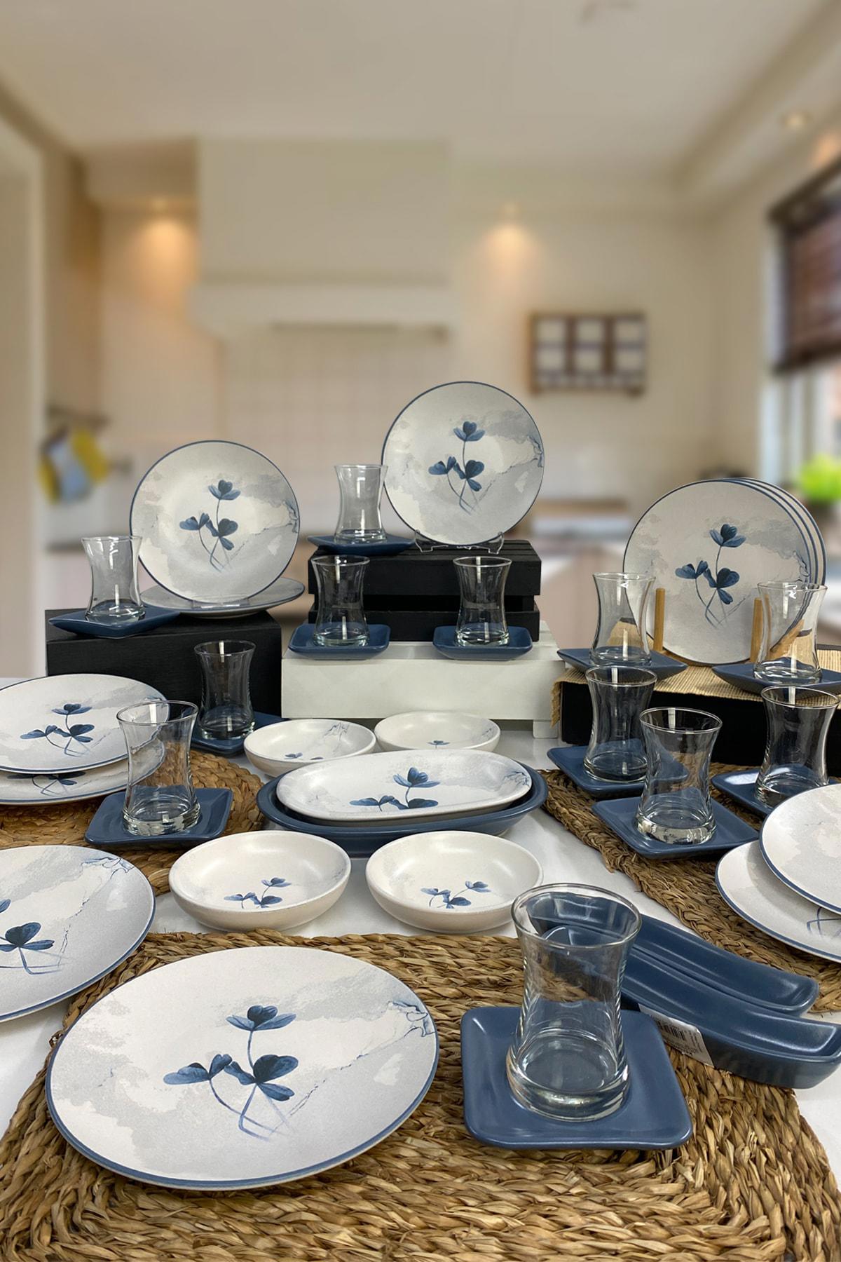 Keramika Blue Magic Yuvarlak Desenli 44 Parça 12 Kişilik Stoneware Kahvaltı Takımı Beyaz-Mavi